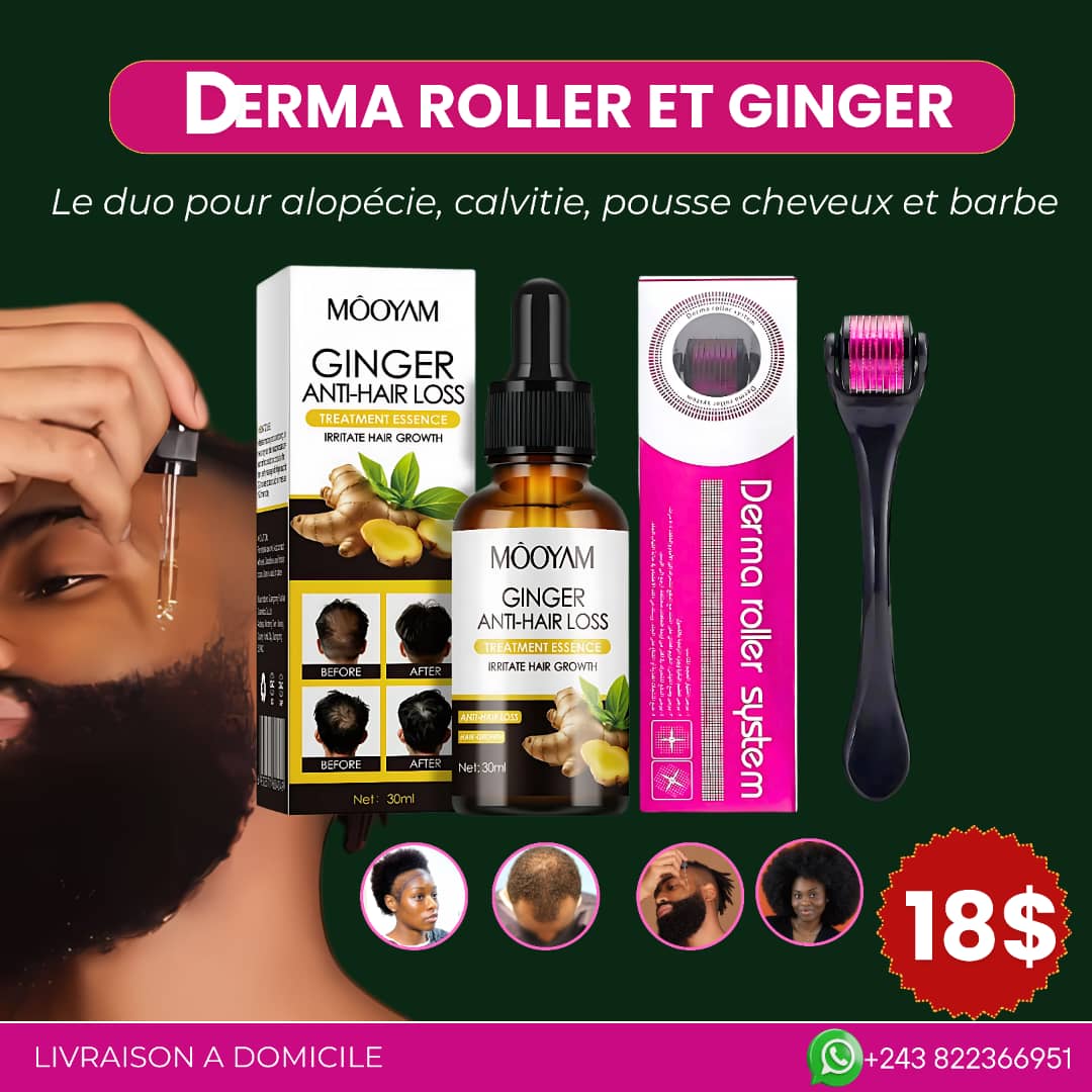 Derma Roller & Huile Ginger - La Solution Complète contre la Chute de Cheveux, l'Alopécie et la Barbe.